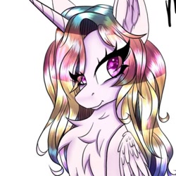Size: 400x400 | Tagged: safe, artist:pearl123_art, derpibooru import, oc, oc only, alicorn, pony, alicorn oc, bust, chest fluff, ear fluff, eyelashes, female, horn, mare, multicolored hair, rainbow hair, simple background, smiling, solo, white background, wings