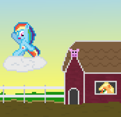 Size: 696x672 | Tagged: safe, artist:silent pone, derpibooru exclusive, derpibooru import, applejack, rainbow dash, earth pony, pegasus, pony, balancing, cloud, female, fence, mare, morning, mud, pixel art