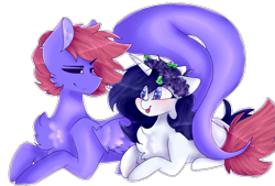 Size: 949x642 | Tagged: safe, artist:shinningblossom12, derpibooru import, oc, oc only, oc:ufo, pegasus, pony, unicorn, :p, blushing, chest fluff, duo, floral head wreath, flower, horn, looking at each other, pegasus oc, prone, simple background, smiling, smirk, tongue out, transparent background, unicorn oc, wings