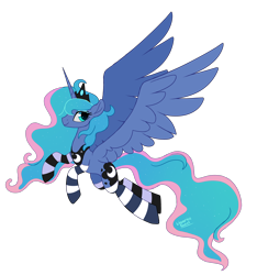 Size: 3000x3200 | Tagged: safe, artist:liquorice_sweet, derpibooru import, princess luna, alicorn, pony, clothes, crown, cute, female, high res, jewelry, lunabetes, mare, profile, regalia, simple background, socks, solo, spread wings, striped socks, transparent background, wings