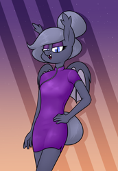 Size: 1342x1952 | Tagged: safe, artist:moonatik, derpibooru import, oc, oc only, oc:selenite, anthro, bat pony, unguligrade anthro, bat pony oc, bat wings, cheongsam, clothes, eyeshadow, female, hair bun, hand on hip, looking at you, makeup, mane bun, mare, smiling, solo, stars, tail bun, wings