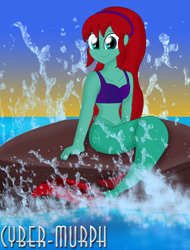 Size: 1792x2360 | Tagged: safe, artist:cyber-murph, derpibooru import, oc, oc:harmony dancer, mermaid, equestria girls, belly, belly button, commission, cute, hairband, halter top, midriff, ocean, rock, signature, sitting, splash