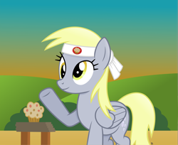 Size: 3575x2919 | Tagged: safe, artist:anime-equestria, derpibooru import, derpy hooves, pegasus, pony, brick, bush, cutie mark, female, food, headband, hill, karate, kung fu, mare, muffin, smiling, solo, sunrise, wings, wood