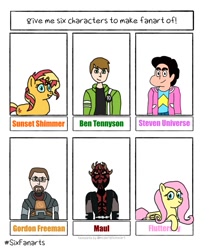 Size: 1005x1200 | Tagged: safe, artist:anxiousash21, derpibooru import, fluttershy, sunset shimmer, human, pegasus, pony, ben 10, ben tennyson, bust, crossover, darth maul, female, gordon freeman, half-life, male, mare, six fanarts, star wars, steven universe