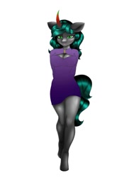 Size: 745x1024 | Tagged: safe, artist:pearl123_art, derpibooru import, oc, anthro, changepony, hybrid, unguligrade anthro, unicorn, breasts, clothes, curved horn, female, horn, interspecies offspring, offspring, parent:king sombra, parent:queen chrysalis, parents:chrysombra, simple background, solo, unicorn oc, white background