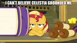 Size: 888x499 | Tagged: safe, derpibooru import, edit, edited screencap, screencap, sunset shimmer, pony, unicorn, better together, equestria girls, forgotten friendship, angry, book, caption, crossed arms, crossed hooves, cute, female, fire, fireplace, grounded, image macro, imgflip, madorable, mare, meme, scroll, solo, sunset shimmer is not amused, text, unamused, unhappy