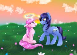 Size: 2000x1433 | Tagged: safe, artist:monsoonvisionz, derpibooru import, oc, earth pony, pony, unicorn, chest fluff, cloud, colored pupils, commission, ear fluff, eye contact, female, field, floral head wreath, flower, fluffy, grass, leg fluff, levitation, lidded eyes, looking at each other, magic, male, mare, oc x oc, open mouth, raised hoof, shading, shipping, shoulder fluff, smiling, stallion, straight, telekinesis