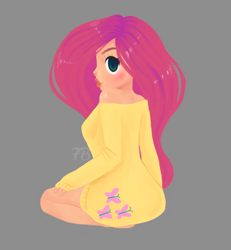 Size: 1280x1384 | Tagged: safe, artist:fluffleart, derpibooru import, fluttershy, human, blushing, breasts, clothes, female, gray background, humanized, kneeling, looking at you, looking back, looking back at you, looking over shoulder, signature, simple background, solo, sweater, sweatershy