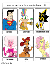 Size: 3000x3582 | Tagged: safe, artist:normalphantasm, derpibooru import, fluttershy, anthro, human, pegasus, pony, robot, turtle, anthro with ponies, crossover, dc comics, female, lemmy koopa, male, mare, pink diamond (steven universe), shard the metal sonic, sheila, six fanarts, sonic the hedgehog (series), spyro the dragon (series), steven universe, super mario bros., superman