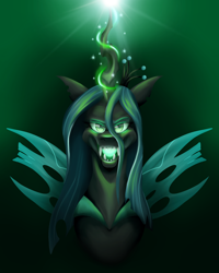 Size: 1600x2000 | Tagged: safe, artist:lordofthefeathers, derpibooru import, queen chrysalis, changeling, changeling queen, bust, female, glowing eyes, glowing horn, glowing mouth, green background, horn, open mouth, portrait, simple background, solo, speedpaint available, spread wings, wings