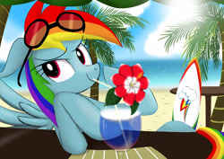 Size: 3508x2480 | Tagged: safe, artist:neoshrek, derpibooru import, rainbow dash, pegasus, pony, beach, drink, drinking straw, female, flower, mare, solo, sunglasses, surfboard