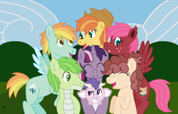 Size: 1050x676 | Tagged: safe, artist:miss-barker, derpibooru import, oc, oc only, oc:emerald shine, oc:libra, oc:lightning flash, oc:marshmallow fluff, oc:paula red, oc:spiny, oc:tarte tatin, dracony, dragon, earth pony, hybrid, pegasus, pony, unicorn, adopted offspring, cowboy hat, eyes closed, fangs, female, freckles, group photo, happy, hat, hug, interspecies offspring, looking at each other, magical lesbian spawn, male, mare, next generation, offspring, parent:applejack, parent:big macintosh, parent:cheese sandwich, parent:coloratura, parent:fluttershy, parent:pinkie pie, parent:rainbow dash, parent:rarity, parent:soarin', parent:spike, parent:tempest shadow, parent:twilight sparkle, parents:cheesepie, parents:fluttermac, parents:soarindash, parents:sparity, parents:tempestlight, raised eyebrow, smiling, stallion