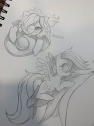 Size: 1536x2048 | Tagged: safe, artist:artfluffle, artist:fluffleart, artist:flufflebunnie, derpibooru import, oc, oc only, pegasus, pony, avocado, banana, duo, food, hair over one eye, monochrome, pencil drawing, tongue out, traditional art