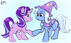 Size: 1335x803 | Tagged: safe, artist:rustymonkee, derpibooru import, starlight glimmer, trixie, pony, unicorn, blushing, female, lesbian, shipping, startrix