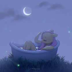 Size: 2126x2126 | Tagged: safe, artist:katputze, derpibooru import, fluttershy, anthro, firefly (insect), insect, bath, bathing, bathtub, crescent moon, eyes closed, female, floppy ears, grass, moon, night, solo, wet, wet mane