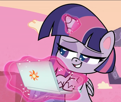 Size: 1280x1080 | Tagged: safe, derpibooru import, screencap, twilight sparkle, twilight sparkle (alicorn), alicorn, campfire stories, my little pony: pony life, spoiler:pony life s01e16, computer, cropped, laptop computer, lidded eyes, magic, solo, telekinesis