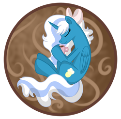 Size: 1024x1008 | Tagged: safe, artist:fallsplash, derpibooru import, oc, oc:fleurbelle, alicorn, adorabelle, alicorn oc, bow, cup, cute, eyes closed, female, hair bow, horn, mare, simple background, sleeping, smiling, transparent background, wings