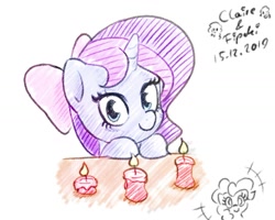 Size: 1280x1025 | Tagged: safe, artist:fipoki, derpibooru import, pinkie pie, oc, earth pony, pony, unicorn, 2019, bow, candle, hair bow, smiling, table