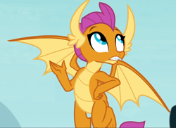 Size: 1284x936 | Tagged: safe, derpibooru import, screencap, smolder, school daze, cropped, flying, hand on hip, solo, spread wings, wings