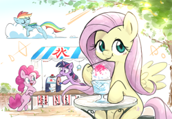 Size: 2298x1600 | Tagged: safe, artist:nendo, derpibooru import, fluttershy, pinkie pie, rainbow dash, twilight sparkle, twilight sparkle (alicorn), alicorn, earth pony, pegasus, pony, blushing, bowl, cloud, crepuscular rays, cute, dessert, drool, female, folded wings, hoof hold, ice cream stand, japanese, leaning, lens flare, looking at you, mare, nap, on a cloud, outdoors, shaved ice, shaved ice machine, shyabetes, sitting, sleeping, smiling, solo focus, spoon, spread wings, street, summer, table, three quarter view, tree, vendor, vendor stall, wings