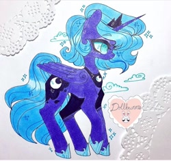 Size: 720x677 | Tagged: safe, artist:dollbunnie, derpibooru import, princess luna, alicorn, pony, cloud, crown, jewelry, marker drawing, regalia, s1 luna, solo, traditional art, young, young luna, younger