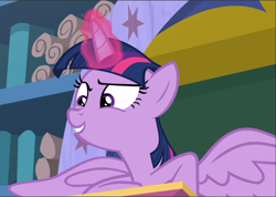 Size: 1324x941 | Tagged: safe, derpibooru import, screencap, twilight sparkle, twilight sparkle (alicorn), alicorn, a matter of principals, cropped, glowing horn, horn, smiling, solo, spread wings, wings