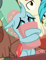 Size: 335x439 | Tagged: safe, derpibooru import, screencap, ocellus, sandbar, yona, a matter of principals, cropped, cute, diaocelles, hiding, holding, offscreen character, pillow, scared, solo focus