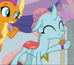 Size: 791x694 | Tagged: safe, derpibooru import, screencap, ocellus, smolder, a matter of principals, cropped, cute, diaocelles, eyes closed, smiling, solo focus, watch