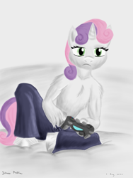 Size: 1800x2400 | Tagged: safe, artist:rockhoppr3, derpibooru import, sweetie belle, anthro, semi-anthro, unguligrade anthro, unicorn, arm hooves, chest fluff, clothes, dualshock controller, female, gamer belle, pants, partial nudity, shoulder fluff, solo, topless, unshorn fetlocks