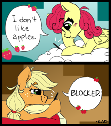 Size: 1050x1200 | Tagged: safe, artist:madkadd, derpibooru import, applejack, strawberry sunrise, earth pony, pegasus, pony, bed, blushing, cloud, comic, dialogue, duo, female, food, freckles, hoof hold, mare, meme, on a cloud, pillow, ponified meme, prone, signature, smiling, strawberry, that pony sure does hate apples