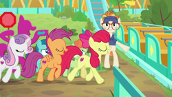 Size: 1920x1080 | Tagged: safe, derpibooru import, screencap, apple bloom, scootaloo, sweetie belle, growing up is hard to do, cutie mark crusaders, dave the intern, older