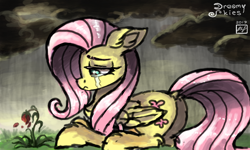 Size: 854x512 | Tagged: safe, artist:dreamyskies, derpibooru import, fluttershy, pegasus, pony, butt, crying, dark sky, depression, ear fluff, female, flower, fluffy, hopeless, mare, plot, quick draw, rain, sad, sketch, solo, teary eyes