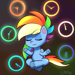 Size: 1000x1000 | Tagged: safe, artist:empyu, derpibooru import, rainbow dash, pegasus, pony, my little pony: pony life, clock, crossed legs, eyes closed, female, mare, meditating, solo, time