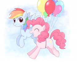 Size: 2048x1669 | Tagged: safe, artist:ginmaruxx, derpibooru import, pinkie pie, rainbow dash, earth pony, pegasus, pony, balloon, cute, duo, eyes closed, female, floating, mare, open mouth, profile, sky, then watch her balloons lift her up to the sky