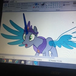 Size: 768x768 | Tagged: safe, artist:majida.tur, derpibooru import, oc, oc only, alicorn, pony, alicorn oc, base used, computer, horn, irl, ms paint, open mouth, peytral, photo, solo, wings