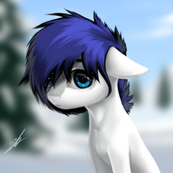 Size: 2500x2500 | Tagged: safe, artist:thatdreamerarts, derpibooru import, oc, oc only, oc:ink glow, oc:isaac pony, earth pony, pony, background pony, blue eyes, blue mane, cute, eyebrows visible through hair, light, looking at you, male, shy, snow, solo, white skin