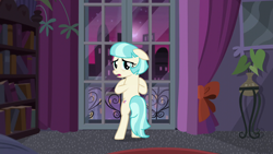 Size: 1280x720 | Tagged: safe, derpibooru import, edit, edited screencap, editor:slayerbvc, screencap, coco pommel, earth pony, made in manehattan, accessory-less edit, bipedal, female, floppy ears, looking back, mare, missing accessory, skyline, solo