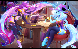 Size: 3600x2280 | Tagged: safe, artist:koveliana, derpibooru import, trixie, twilight sparkle, twilight sparkle (alicorn), alicorn, anthro, unguligrade anthro, unicorn, alternate clothes, belly button, bits, book, bookhorse, bookshelf, bracelet, candle, candlelight, chair, chest fluff, coin, colorful, duo, duo female, eyes closed, female, floating, fluffy, glow, glowing hands, grin, hoof fluff, jewelry, leg fluff, library, lidded eyes, map, mare, night, regalia, reunited, sitting, smiling, sparkles, spread wings, table, unshorn fetlocks, window, wing fluff, wings