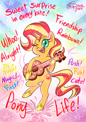 Size: 2893x4092 | Tagged: safe, artist:snowballflo, derpibooru import, sunset shimmer, pony, unicorn, my little pony: pony life, cute, female, guitar, mare, musical instrument, one eye closed, shimmerbetes, singing, smiling, solo, theme song, wink