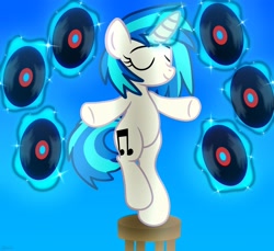 Size: 2048x1877 | Tagged: safe, artist:agkandphotomaker2000, derpibooru import, dj pon-3, vinyl scratch, pony, unicorn, levitation, magic, pose, raised leg, seat, show accurate, simple background, solo, telekinesis, vinyl disc