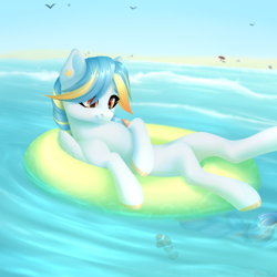 Size: 1500x1500 | Tagged: safe, artist:nika-rain, derpibooru import, oc, oc only, oc:seashore swirl, fish, pegasus, pony, beach, commission, cute, floating, inflatable raft, jewelry, ocean, ring, sky, solo, summer, ych result