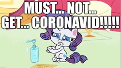 Size: 1232x690 | Tagged: safe, derpibooru import, edit, edited screencap, screencap, rarity, pony, unicorn, my little pony: pony life, sick day, spoiler:pony life s01e20, caption, coronavirus, covid-19, hand sanitizer, hoof sanitizer, image macro, text