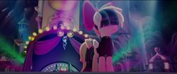 Size: 1920x808 | Tagged: safe, derpibooru import, screencap, dj pon-3, songbird serenade, vinyl scratch, pegasus, pony, unicorn, my little pony: the movie, female, folded wings, sia (singer), speakers, spotlight, turntable, wings