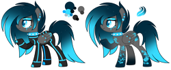 Size: 5852x2416 | Tagged: safe, artist:aestheticallylithi, artist:lazuli, derpibooru import, oc, oc only, oc:neon stream, pegasus, pony, base used, boots, choker, clothes, cyber-questria, ear piercing, earring, eyeshadow, female, gloves, jewelry, jumpsuit, kanji, makeup, mare, multicolored hair, piercing, raised hoof, reference sheet, shoes, simple background, solo, spiked choker, tattoo, transparent background