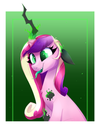 Size: 2316x3052 | Tagged: safe, artist:confetticakez, derpibooru import, princess cadance, queen chrysalis, alicorn, changeling, changeling queen, pony, abstract background, adoracreepy, creepy, cute, disguise, disguised changeling, fake cadance, fangs, female, fire, floppy ears, high res, magic, mare, smiling, solo, tongue out, transformation