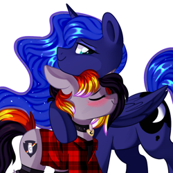 Size: 1000x1000 | Tagged: safe, artist:thieftea, derpibooru import, princess luna, twinkleshine, oc, oc:moonshine, alicorn, pony, unicorn, canon x oc, cute, female, happy, hug, lesbian, looking down, love, lunashine, shipping, size difference, smiling, wholesome