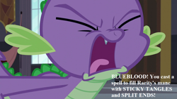 Size: 1280x720 | Tagged: safe, derpibooru import, edit, edited screencap, screencap, spike, dragon, princess spike (episode), angry, implied blueblood, implied rarity, speech, talking