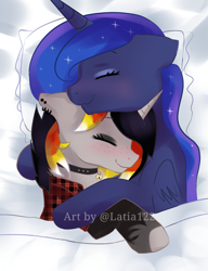 Size: 1025x1336 | Tagged: safe, artist:latia122, derpibooru import, princess luna, oc, oc:moonshine, alicorn, pony, unicorn, bed, canon x oc, clothes, collar, cuddling, cute, flannel, flannel shirt, hug, piercing, pillow, shipping, shirt, size difference, sleeping, snuggling, stockings, thigh highs, wholesome