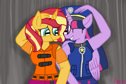 Size: 1617x1080 | Tagged: safe, artist:徐詩珮, derpibooru import, sunset shimmer, twilight sparkle, twilight sparkle (alicorn), alicorn, anthro, plantigrade anthro, series:sprglitemplight diary, series:sprglitemplight life jacket days, series:springshadowdrops diary, series:springshadowdrops life jacket days, alternate universe, chase (paw patrol), clothes, equestria girls outfit, female, lesbian, lifejacket, paw patrol, shipping, sunsetsparkle