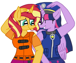 Size: 1259x1045 | Tagged: safe, artist:徐詩珮, derpibooru import, sunset shimmer, twilight sparkle, twilight sparkle (alicorn), alicorn, anthro, plantigrade anthro, series:sprglitemplight diary, series:sprglitemplight life jacket days, series:springshadowdrops diary, series:springshadowdrops life jacket days, alternate universe, chase (paw patrol), clothes, equestria girls outfit, female, lesbian, lifejacket, paw patrol, shipping, simple background, sunsetsparkle, transparent background